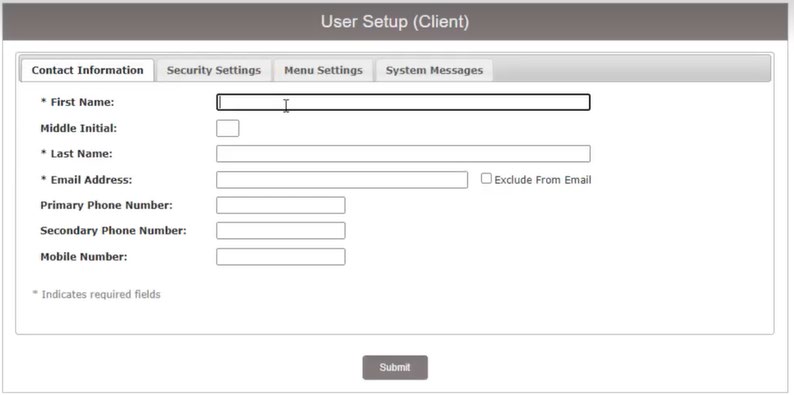 Image of User Setup (Client) Contact Information tab showing required and optional fields to be completed.
