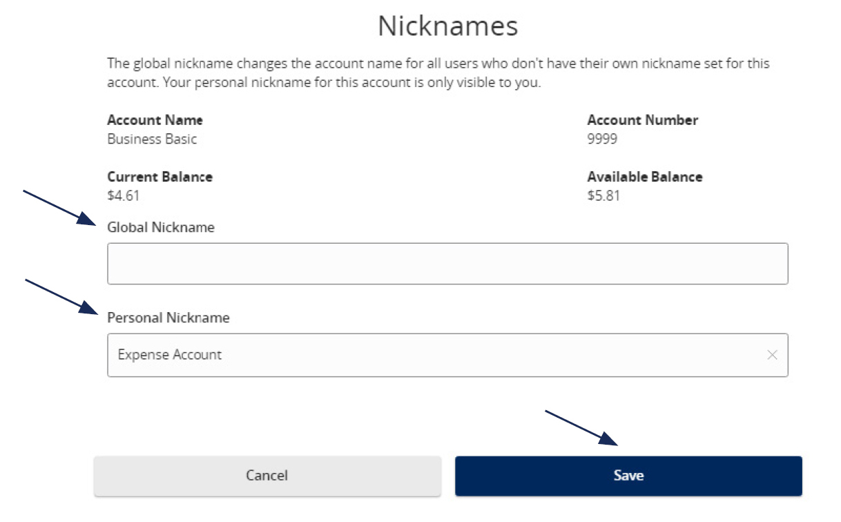 Image showing Nicknames, Account Name, Current Balance, Account Number and Available Balance as well as where to locate a field for Global Nickname, Personal Nickname and then where to locate the blue Save button.