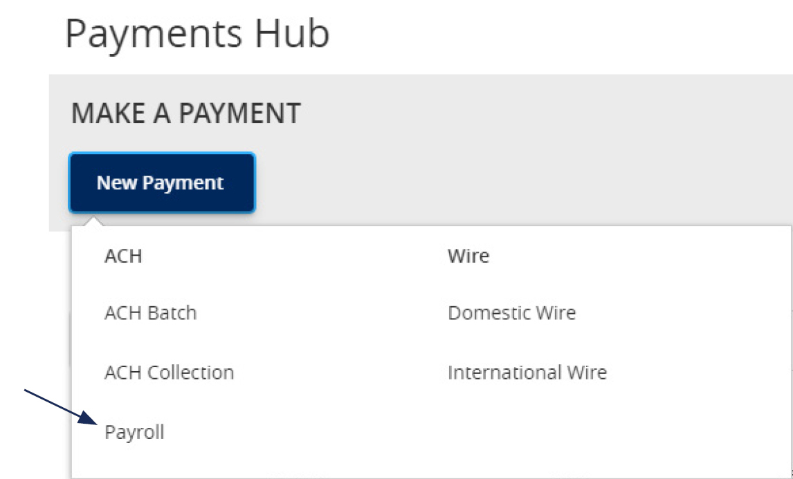 Image of the Payments Hub menu showing where to locate Payroll within the dropdown menu that includes: ACH: ACH Batch, ACH Collection, Payroll, and Wire: Domestic Wire and International Wire.