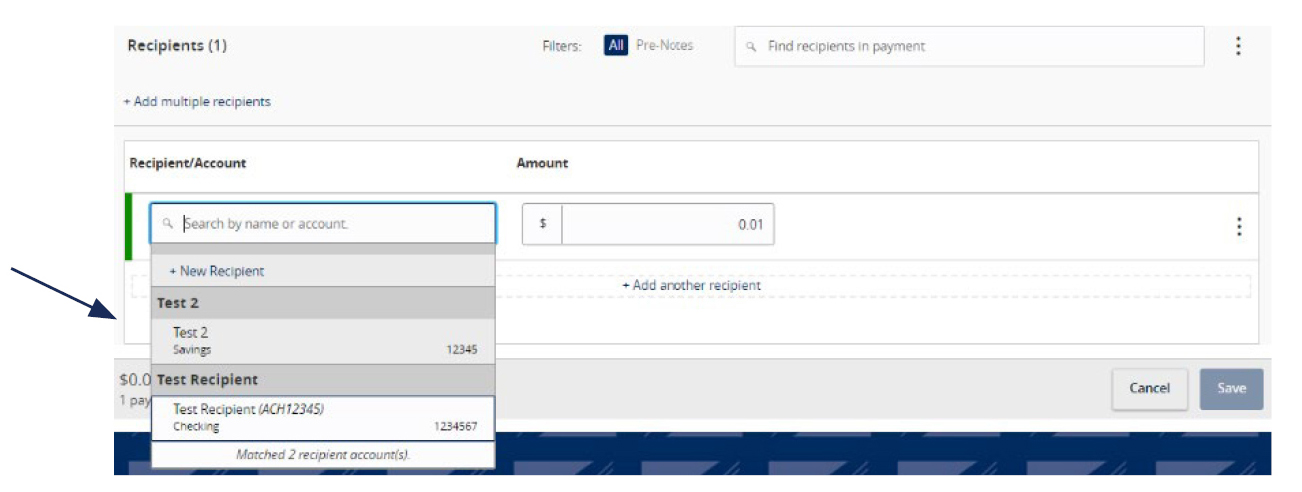 Image of Recipients and where to locate the desired recipientâ€™s account within the dropdown menu.