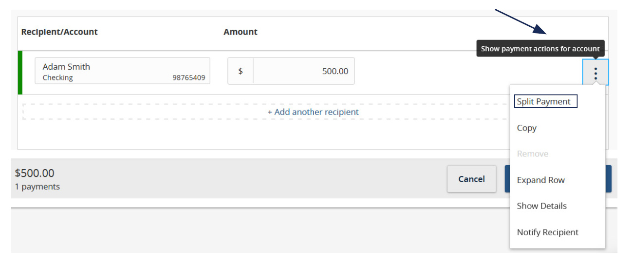 Image of the Recipient/Account content and where to click the Show Payment Actions icon and where to select Split Payment within the dropdown menu containing: Split Payment, Copy, Expand Row, Show Details and Notify Recipient.