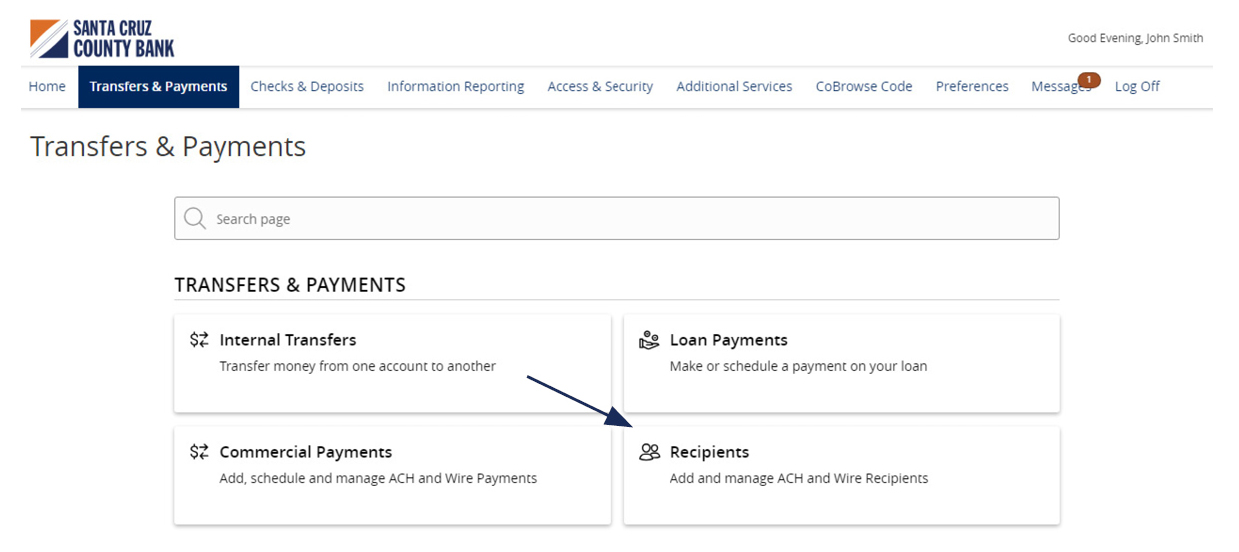 Image of the Transfers and Payments menu showing where to locate Recipients.