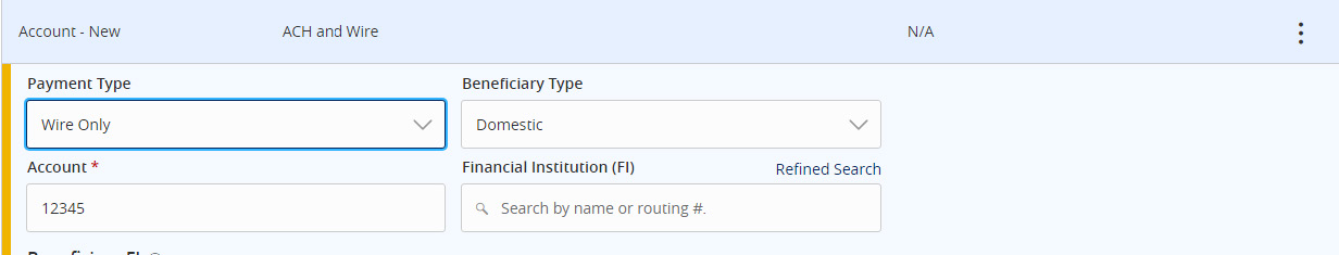 Image of Beneficiary showing fields for Name, Country, FI ABA Number, Address, City, State, Postal Code, and the same fields for the Intermediary FI. All fields are marked with a required asterisk and where to select the check mark.