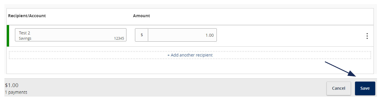 Image of the Recipient Accounts content and where to enter a $ amount and where to locate the Save button.