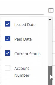 Image of where to select the Columns icon and checkboxes for the following: Issued Date, Paid Date, Current Status, and Account Number.