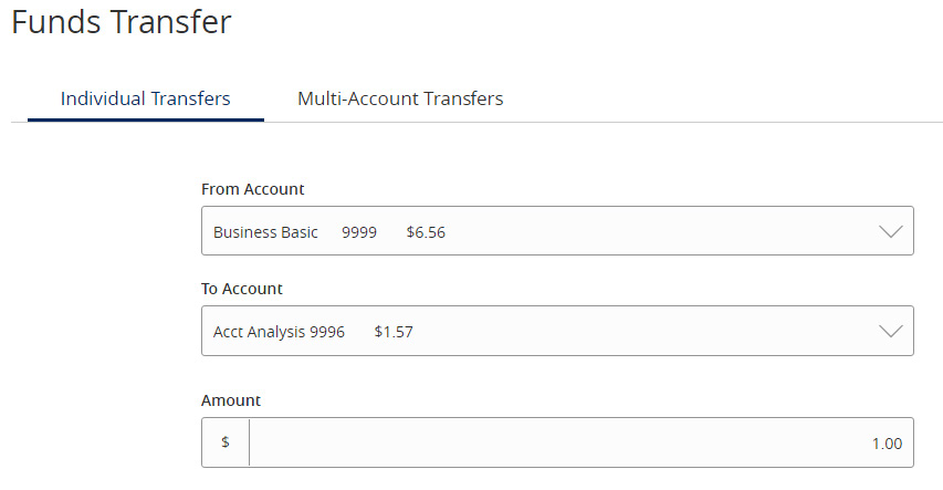 Image of Funds Transfer and Individual Transfers showing where to indicate From Account information, To Account information, and Amount for transaction.