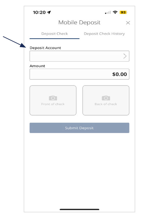 Image of the Mobile Deposit screen with field for: Deposit Account, $ Amount, Front of Check, Back of Check and Submit Deposit.