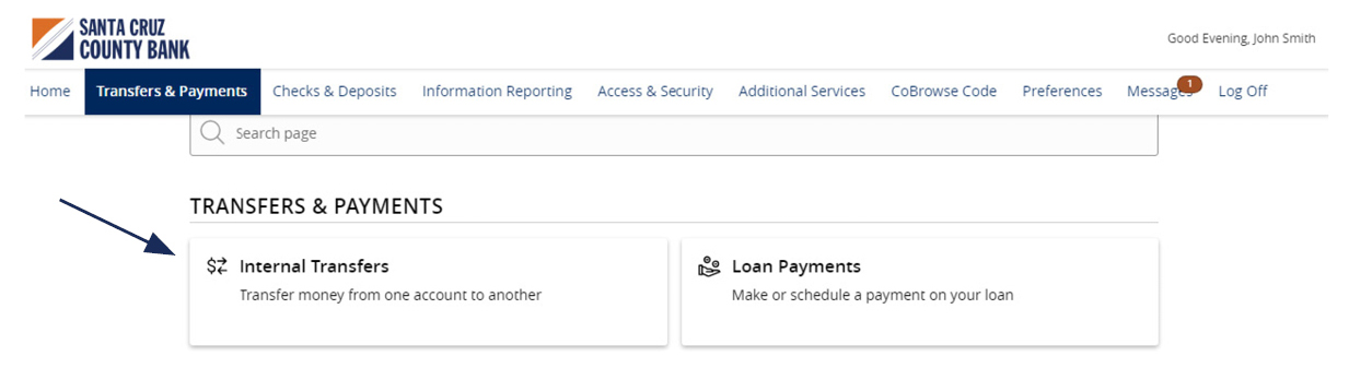 Image of the Transfers and Payments menu showing where to locate Internal Transfers.