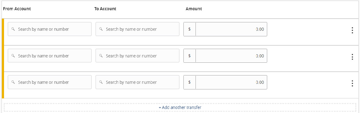 Image of fields to enter From Account information, To Account information, and Amount for each transaction.