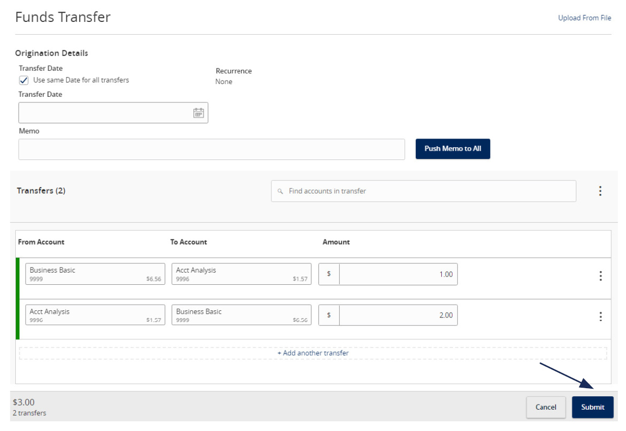 Image of the Funds Transfer form and how it allows you to review your selections, with options to Cancel, Draft or Approve.