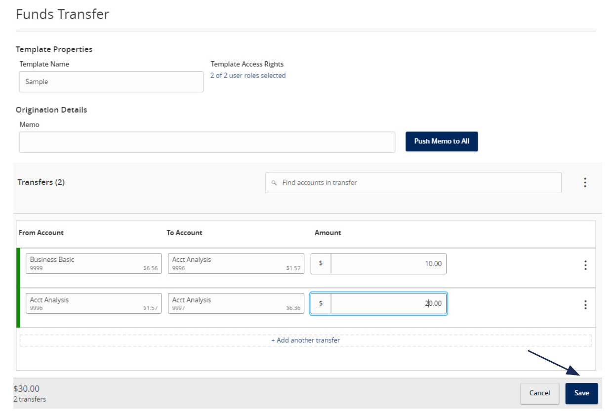 Image of Funds Transfer options with template name and account form options.
