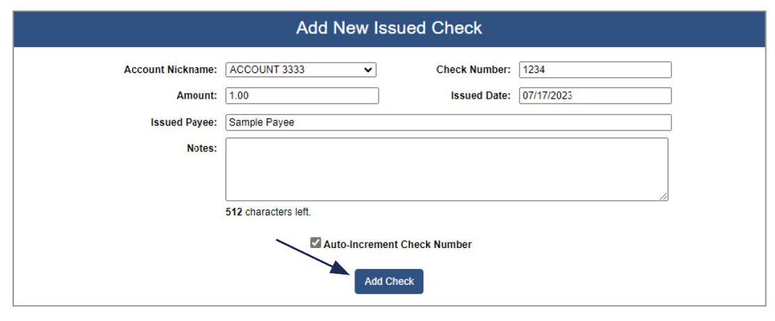 Image of Add New Issued Check showing where to select Auto Increment Check Number option, and then where to select Add Check.