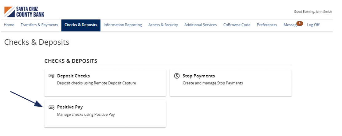 Image of Checks and Deposits menu showing where to locate Positive Pay.
