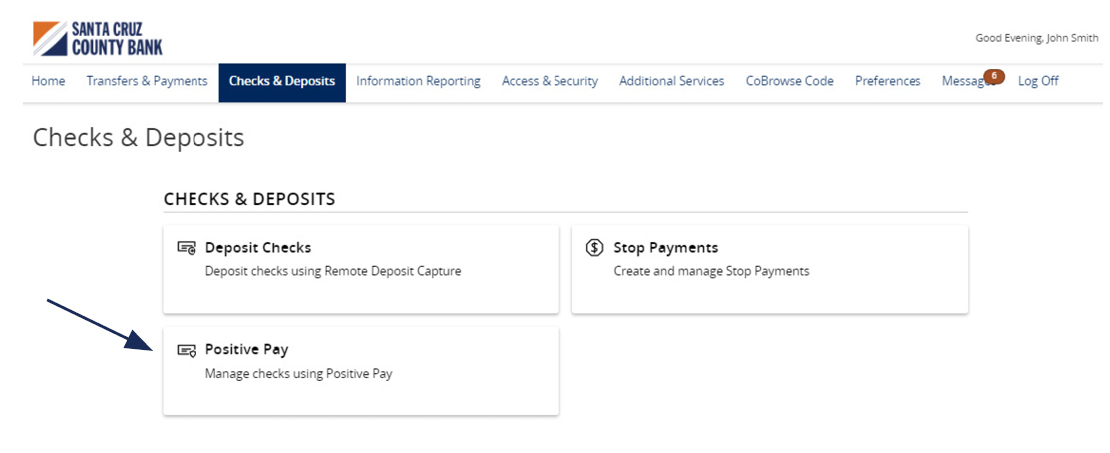 Image of Checks and Deposits menu showing where to locate Positive Pay.