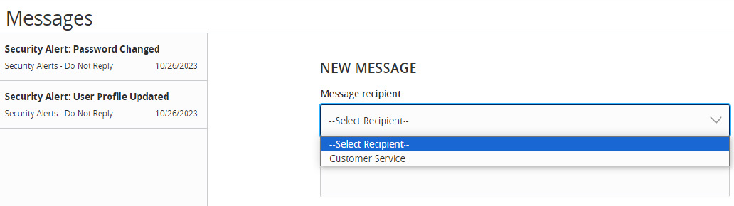 Image of Messages page showing where to select the Message recipient from a dropdown menu.