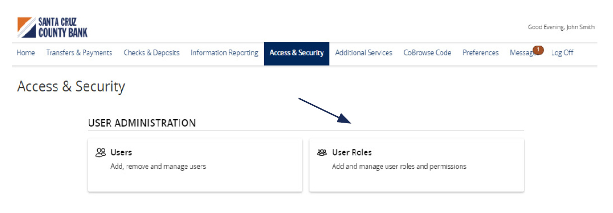 Image of the â€™Access & Securityâ€™ menu showing where to locate Users Roles.
