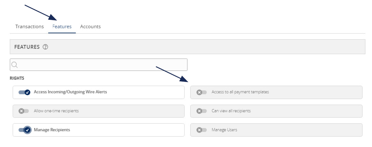 Image of Features options, showing where to locate the features tab and the following features: Access Incoming/Outgoing Wire Alerts, Allow one time recipient, Manage Recipients, Access to all payment templates, Can view all recipients, and Manage Users.