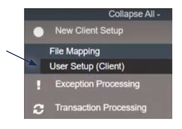 Image of menu with New Client Setup selected and showing where to then select User Setup (Client).