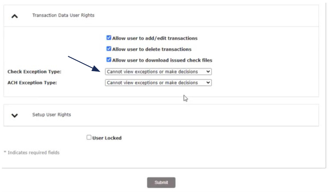 Image of User Setup (Client) Security Settings tab and Transaction Data User Rights section, showing where to locate the dropdown menus for Check Exception Type and ACH Exception Type options.