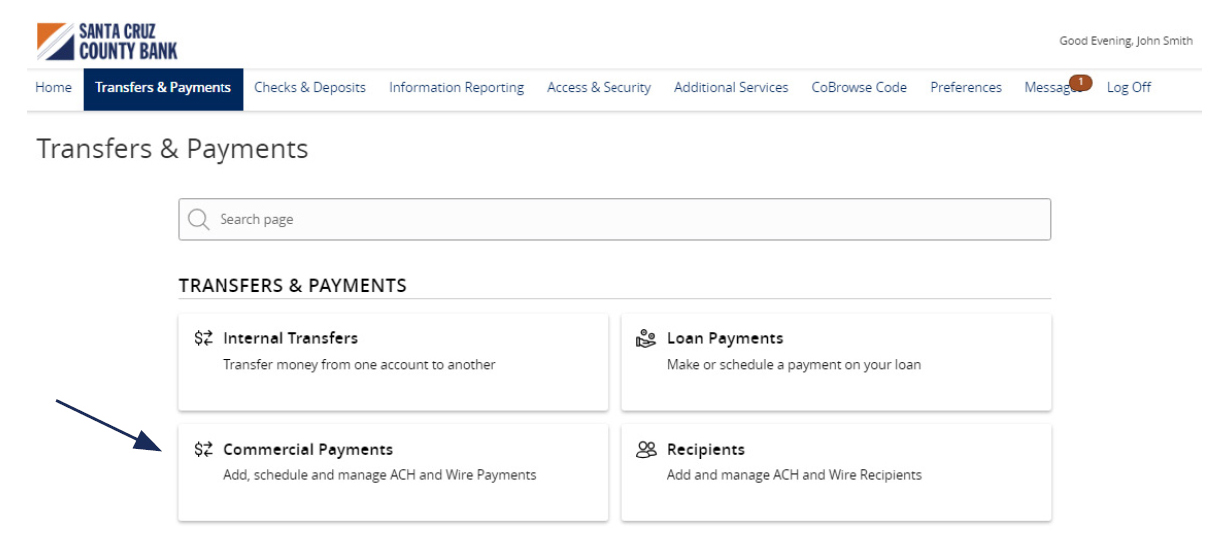 Image of the Transfers and Payments menu showing where to locate Commercial Payments.