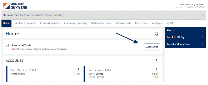 Screenshot of a financial dashboard from 'Santa Cruz County Bank' showing a section titled 'Financial Tools' with an arrow pointing to the 'Get Started' button.