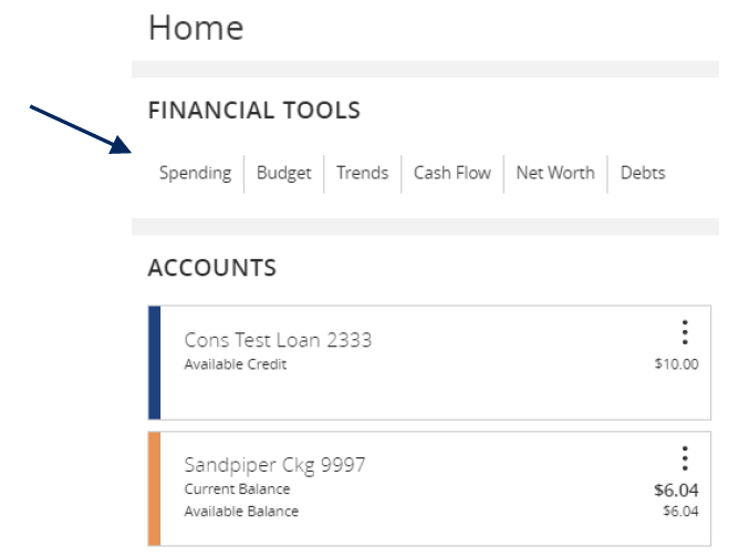 Screenshot from a banking dashboard displaying a navigation bar for 'Financial Tools' with tabs for Spending, Budget, Trends, Cash Flow, Net Worth, and Debts. An arrow points to these tabs. Below, the 'Accounts' section lists different accounts with their balances.